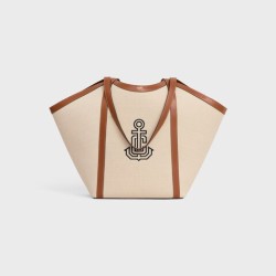 LARGE CABAS IN TEXTILE WITH ANCHOR EMBROIDERY AND CALFSKIN