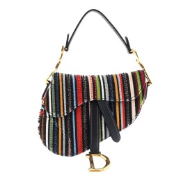 Saddle Handbag Embroidered Striped Canvas Mini