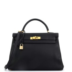 Kelly Handbag Noir Clemence with Gold Hardware 32