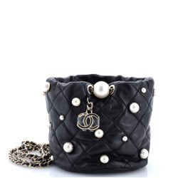 Drawstring Round Bucket Bag Pearl Embellished Quilted Lambskin Mini