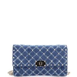 Rockstud Spike Wallet on Chain Quilted Denim Small