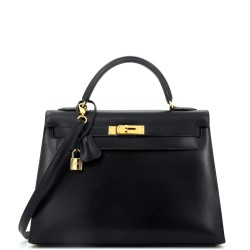 Kelly Handbag Noir Box Calf with Gold Hardware 32