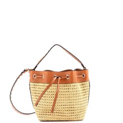Convertible Rockstud Drawstring Bucket Bag Raffia with Leather Small