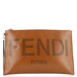 Logo Flat Wristlet Pouch Embossed Leather Large
