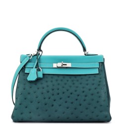 Kelly Handbag Tricolor Ostrich with Swift and Clemence and Palladium Hardware 32