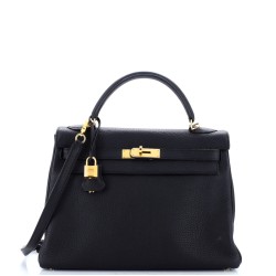 Kelly Handbag Noir Clemence with Gold Hardware 32