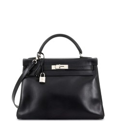 Kelly Handbag Noir Box Calf with Palladium Hardware 32