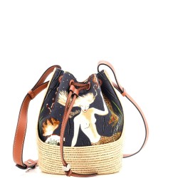 Paula's Ibiza Balloon Bucket Bag Printed Canvas with Raffia Small