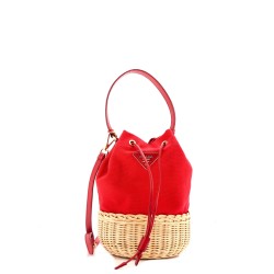 Drawstring Bucket Bag Canvas and Wicker Small