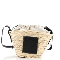 Drawstring Bucket Crossbody Bag Raffia and Leather
