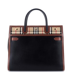 Title Two Handle Tote Leather with Vintage Check Canvas Medium