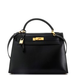 Kelly Handbag Noir Box Calf with Gold Hardware 32