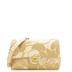 Vintage Camellia Single Flap Bag Printed Raffia Medium