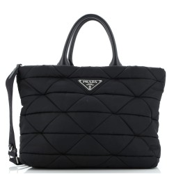 Padded Tote Bag Quilted Re-Nylon with Leather Medium