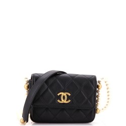 About Pearls Flap Card Holder with Chain Quilted Calfskin