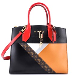 City Steamer Handbag Leather with Monogram Canvas MM