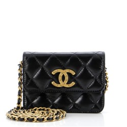 Textured CC Card Holder on Chain Quilted Shiny Calfskin