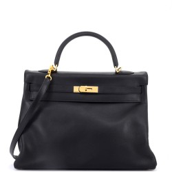Kelly Handbag Noir Gulliver with Gold Hardware 35