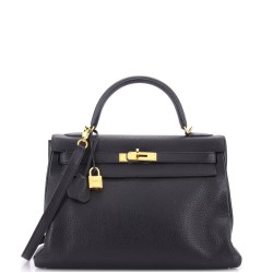 Kelly Handbag Noir Clemence with Gold Hardware 32
