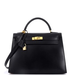 Kelly Handbag Noir Box Calf with Gold Hardware 32
