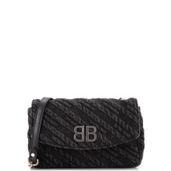 BB Chain Round Shoulder Bag Quilted Embroidered Denim Small