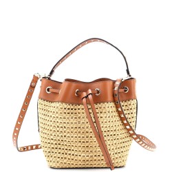 Convertible Rockstud Drawstring Bucket Bag Woven Raffia with Leather Small