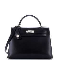 Kelly Handbag Noir Box Calf with Palladium Hardware 32
