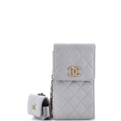 Textured CC Flap Phone Holder Crossbody Bag with AirPods Pro Case Quilted Caviar