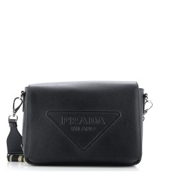 Triangle Logo Flap Crossbody Bag Embossed Saffiano Leather Small