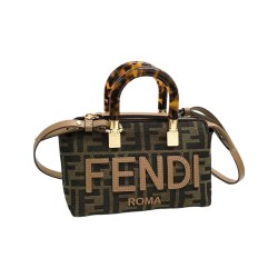 FENDI Cow Leather Boston Bag Handbag Brown